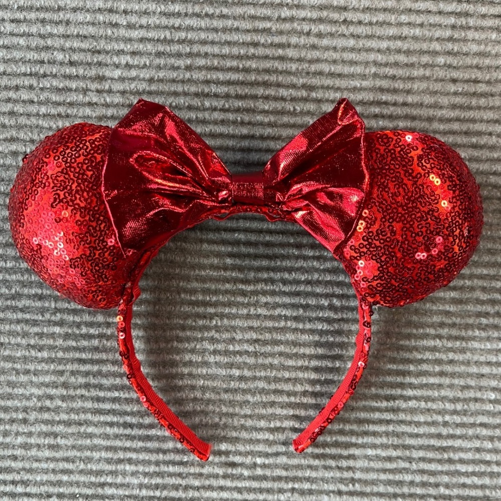 Disney Parks Minnie Mouse Red Sequin Ears Headband Metallic Bow Kids Accessory